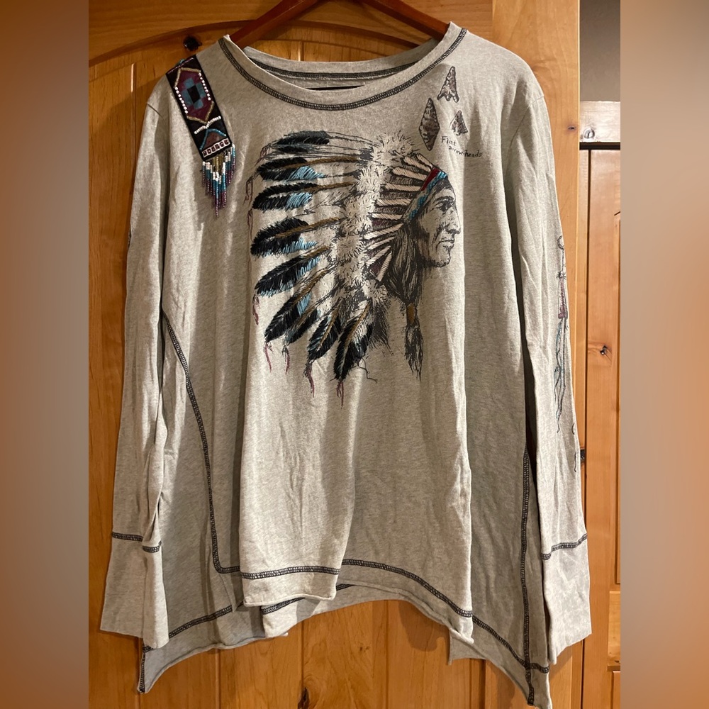 Double D Ranch Gray Long Sleeve Tee with Native American Design